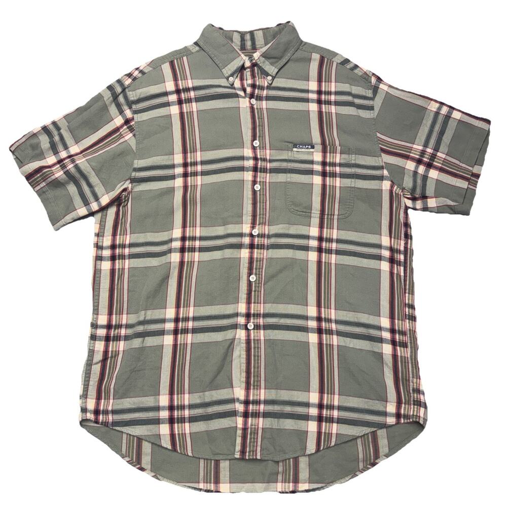 Vintage Chaps Ralph Lauren Shirt Men L Cotton Plaid Button Up Green Tan Red